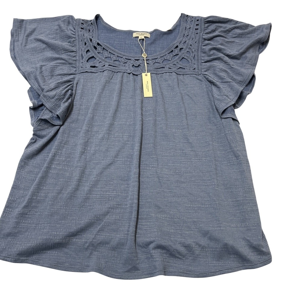 Max Studio Top Slate Blue Crinkle Blouse Size 2X Crochet Cut Out Boho Hippie